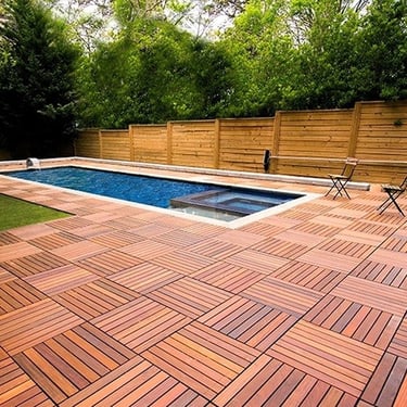 Residential landscaping with wooden flooring and decorative plants in Bangalore