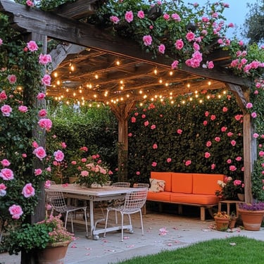 Spacious terrace garden with dining area and decorative lighting