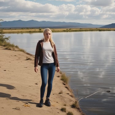 a woman walking along a beach with a dog