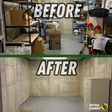 Before and after of an estate cleanout in Metro Detroit by Critical Cleanout, showing a cluttered room cleared and cleaned.