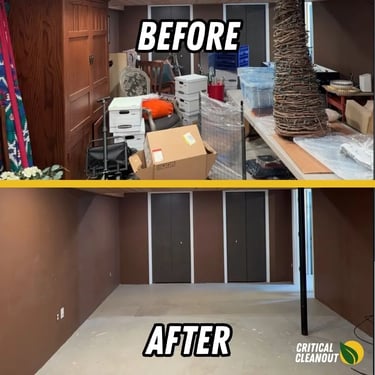 Before/after estate clean out in Sterling Heights, MI basement: furniture and debris removed and donated.