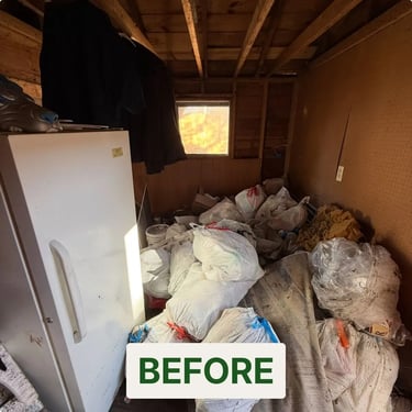 Image of cluttered shed garage full of trash before property cleanout in Mtero Detroit