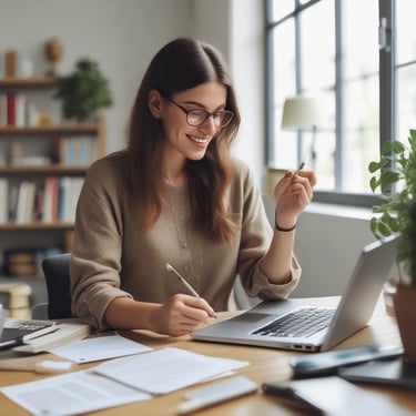 Femme concentrée devant un ordinateur portable, entourée de feuilles, recherchant des idées de petit