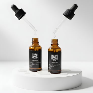 Two brown bottles of YESHUA Skin serum on a white tray with a dropper