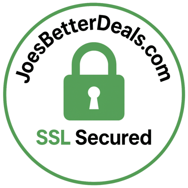 Circular badge displaying “JoesBetterDeals.com SSL Secured” with a green padlock icon,