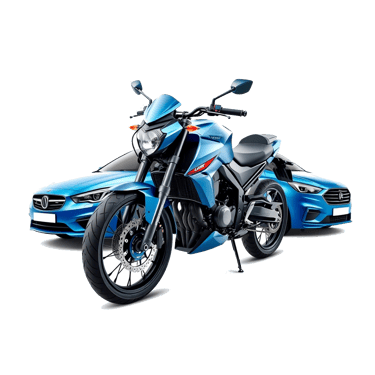 a blue motorcycle parked next to a blue car