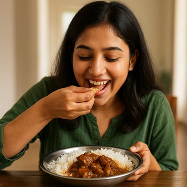 Smiling woman savoring fresh goat meat biryani at home from Mutton Lovers