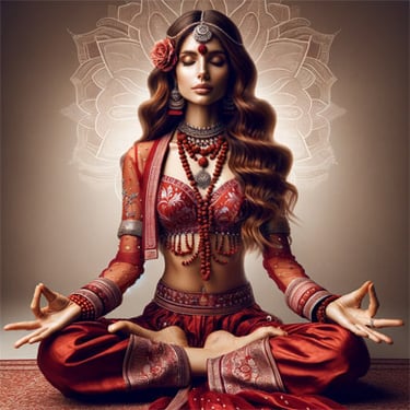 a woman in a red outfit sitting in a lotus position