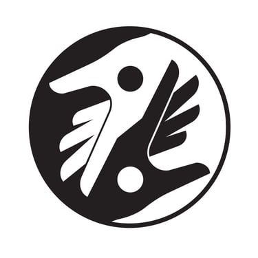 Black and white circular Yin Yang symbol featuring stylized hands and wings for balance and harmony.