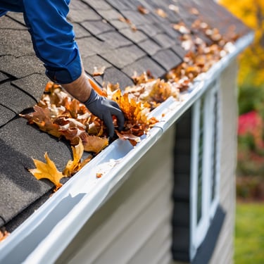 a person is cleaning a gutter wearing a glove