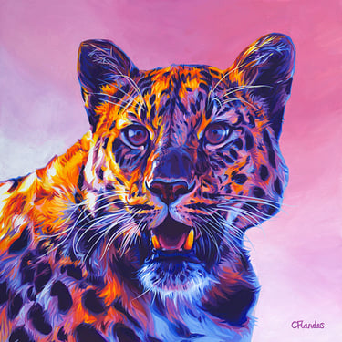 a painting of a leopard on a pink background with gold coloured highlights
