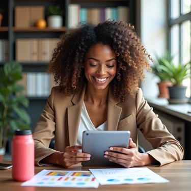 a woman sitting at a table with a tablet and a cup of coffee