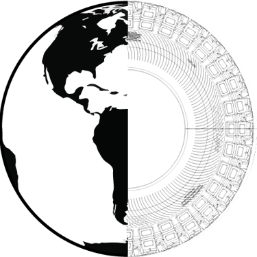 a black and white image of a globe with a map of the world and ogro tire design