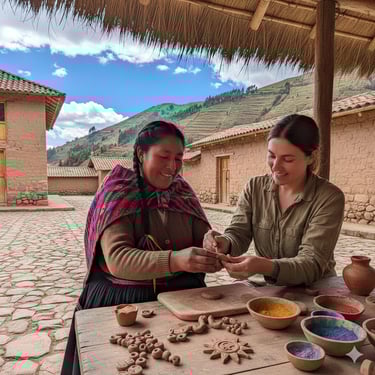 Indígena Cusqueña de raiz nativa enseñando cerámica en frío a extranjera