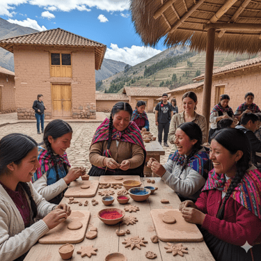 Grupo de extranjero aprendiendo a hacer joyería con cerámica en frio en la comunidad de huaran - cusco