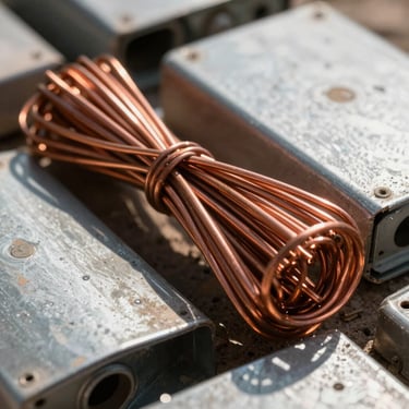 Close-up macro shot of copper wire bundles and discarded household metal appliances stacked in a yard, bright outdoor sunlight, metallic glints, high-contrast, 35mm lens.