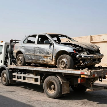 A flatbed tow truck carrying a crushed scrap car in Jeddah, industrial background, harsh bright sunlight, metallic textures, deep shadows, 35mm lens.