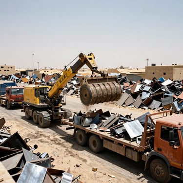 Wide environmental shot of a busy industrial scrap yard in Al-Khumrah Jeddah, heavy machinery loading scrap metal onto flatbed trucks, harsh bright desert sunlight, high-contrast metallic textures, deep shadows, 35mm lens.