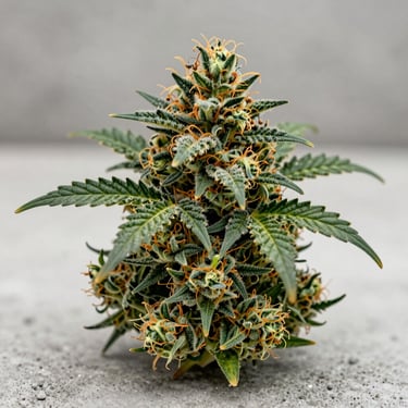 Close-up of a vibrant, bright green sativa cannabis bud with fine orange hairs, positioned on a minimalist concrete background.