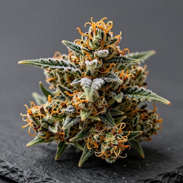 Macro close-up of a dense, frosty indica cannabis bud with rich orange pistils and heavy trichomes, resting on a clean dark slate surface.