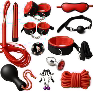 طقم ألعاب وأدوات زوجية متكامل باللونين الأحمر والأسود يضم إكسسوارات متنوعة للأزواج مثل القيود والملح