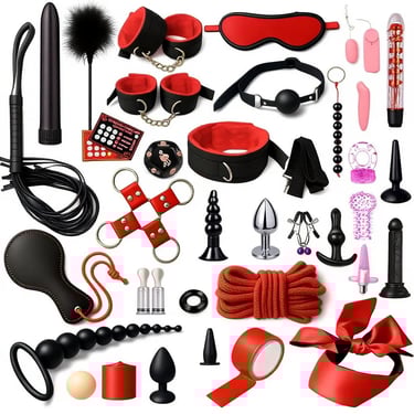طقم ألعاب وأدوات زوجية متكامل باللونين الأحمر والأسود يضم إكسسوارات متنوعة للأزواج مثل القيود والملح