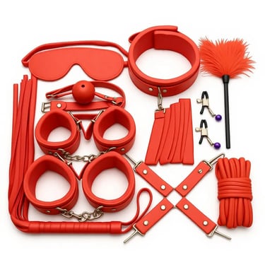 طقم ألعاب زوجية أحمر مع كلبشات جلد فرو وملحقات متنوعة بتصميم أنيق وجودة عالية وتغليف سري للأزواج