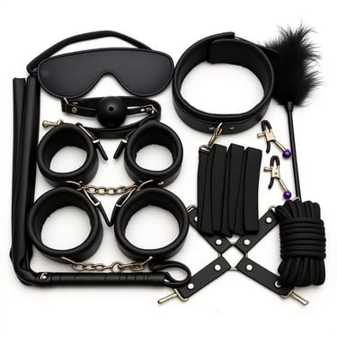 طقم ألعاب زوجية أسود مع كلبشات جلد فرو وملحقات متنوعة بتصميم أنيق وجودة عالية مناسب للأزواج