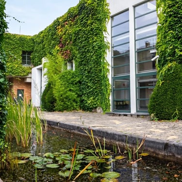 Bâtiment moderne recouvert de lierre vert avec de grandes fenêtres, bordé par un chemin pavé et un bassin aux nénuphars.