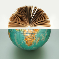 Teal colored globe showing Africa with a book centered on the globe