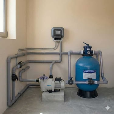 AstralPool sand filter and water pump system with PVC piping for swimming pool filtration.