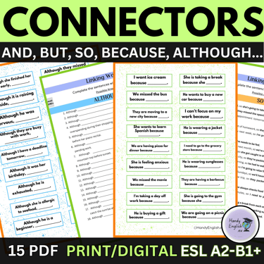 Connectors/Linking Words Worksheets and Speaking cards