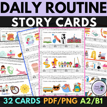 ESL daily routine, present simple worksheets, story cards, creative writing, grammar
