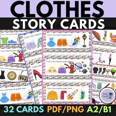 ESL clothes, present simple worksheets, story cards, creative writing, vocabulary and grammar