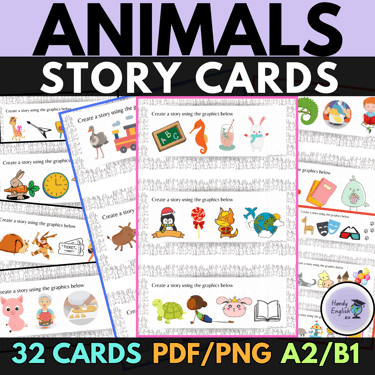 ESL animals present simple worksheets, story cards, creative writing, vocabulary and grammar