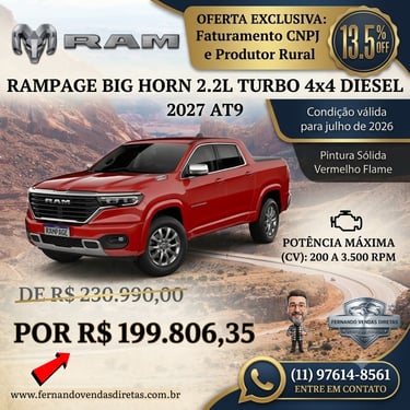 Red Ram Rampage Big Horn 2027 4x4 Diesel truck promotional offer with pricing and specifications.