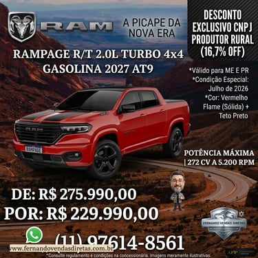 Red Ram Rampage R/T 2027 pickup truck with black roof and stripes for sale in Brazil.