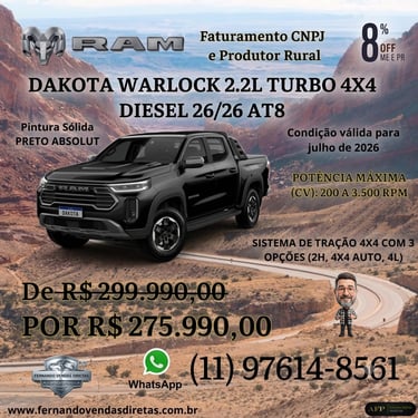 Black RAM Dakota Warlock 4x4 Diesel truck promotional offer for Brazilian rural producers.