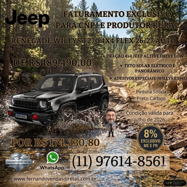 Black Jeep Renegade Willys T270 4x4 off-road in a river with special pricing for fleet and rural producers.