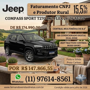 Black Jeep Compass Sport T270 SUV promotional offer for CNPJ and rural producers in Brazil.