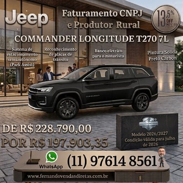 Black Jeep Commander Longitude T270 7L SUV parked in front of a modern dealership building.