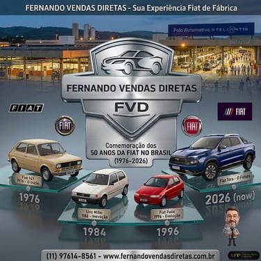 Fernando Vendas Diretas banner celebrating 50 years of Fiat in Brazil featuring Fiat 147, Uno, Palio, and Toro models.