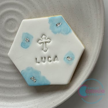 Religious fondant cookie, white and blue watercolour cookie, silver leaf cookie