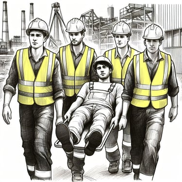 man is being carried by a men in yellow safety vests