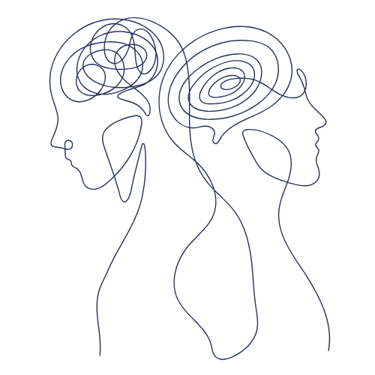 deux silhouettes dos à dos avec les pensées qui s'entremêlent symbolisant la psychothérapie