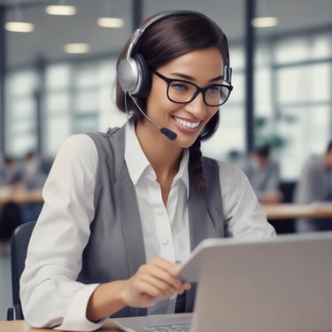 A conference room setting with several laptops on a large table, each being used by a person. A large screen displays a blue interface with the text 'Generate ad creatives from any website with AI'. A stainless steel water bottle and a conference phone are also visible on the table.