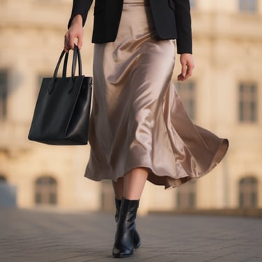 Close-up of a champagne satin skirt and black pointed-toe boots walking on a city street