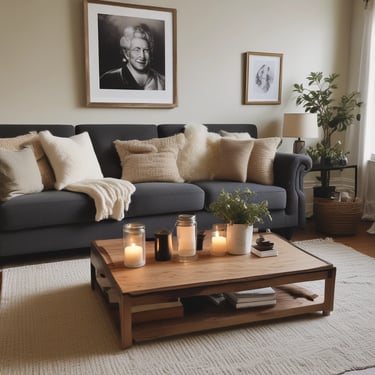 A cozy living room with a lit soy wax candle from karalienė.