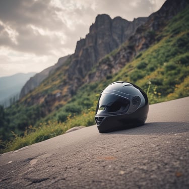 A close-up of a motorcycle parked near a picturesque village with charming architecture.