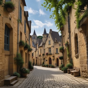 A close-up of a motorcycle parked near a picturesque village with charming architecture.